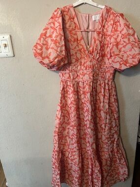 Pink Coral Printed Puff-Sleeve Midi Dress